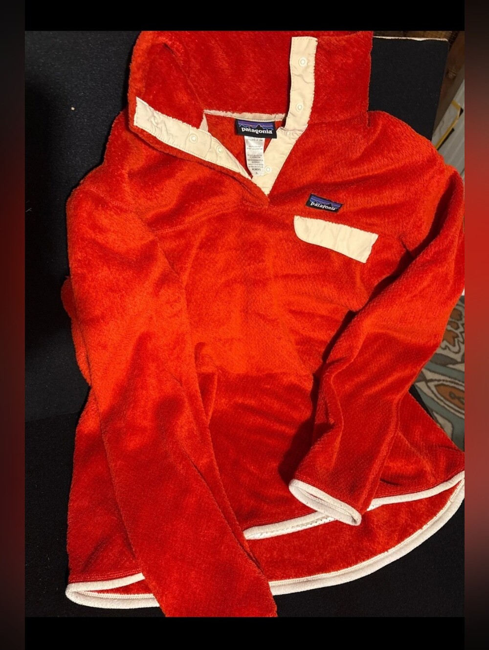 Patagonia Red Fleece Snap-Neck Pullover with Cream Trim XL